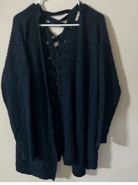 Vanilla Star Size 1x Blue Black Ribbed Lace-Up Back Cardigan